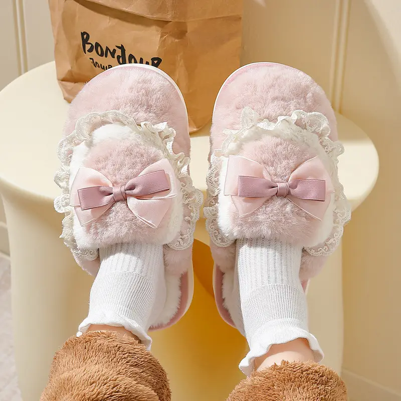Bow Cotton Slippers for Women Winter Couples Cute Home Household Men's Plush Warm Furry Slippers for Men Wholesale - Image 6