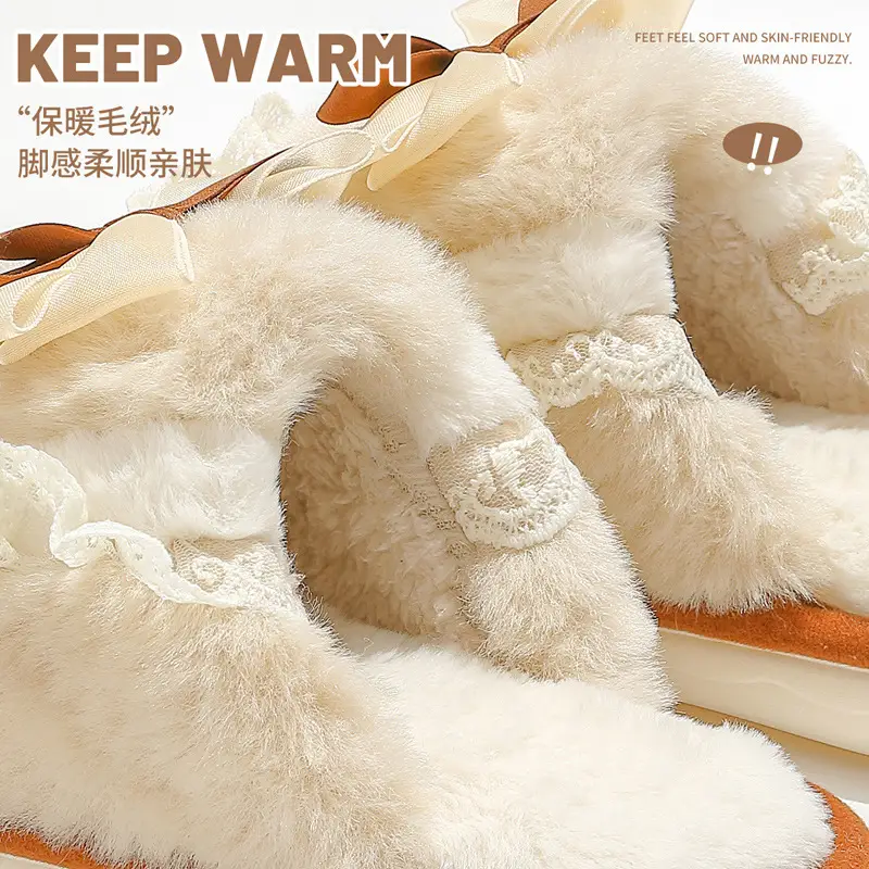 Bow Cotton Slippers for Women Winter Couples Cute Home Household Men's Plush Warm Furry Slippers for Men Wholesale - Image 8