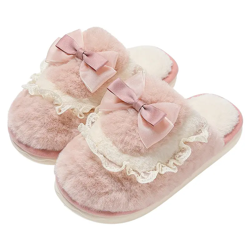 Bow Cotton Slippers for Women Winter Couples Cute Home Household Men's Plush Warm Furry Slippers for Men Wholesale - Image 9