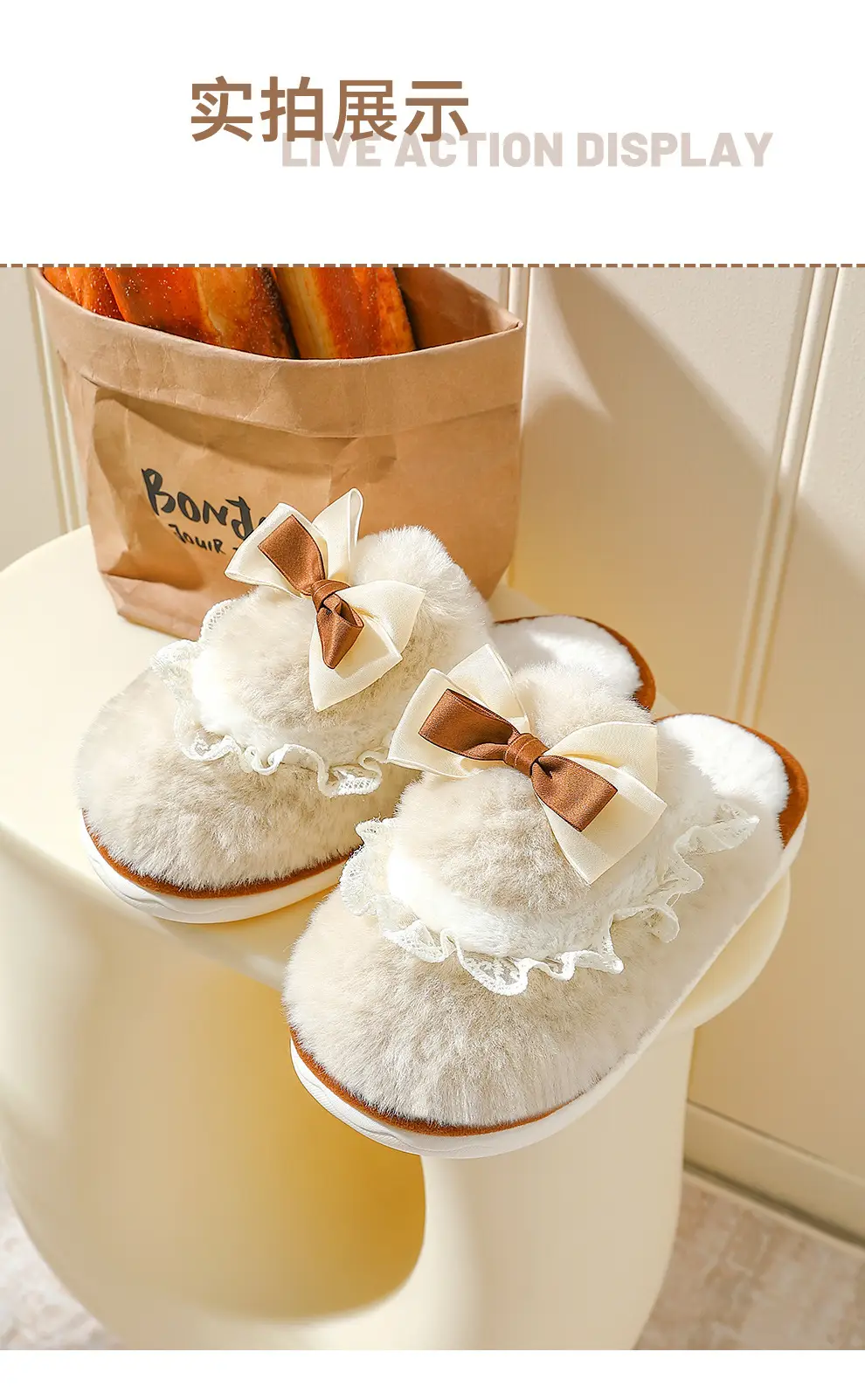 Bow Cotton Slippers for Women Winter Couples Cute Home Household Men's Plush Warm Furry Slippers for Men Wholesale — feature 6