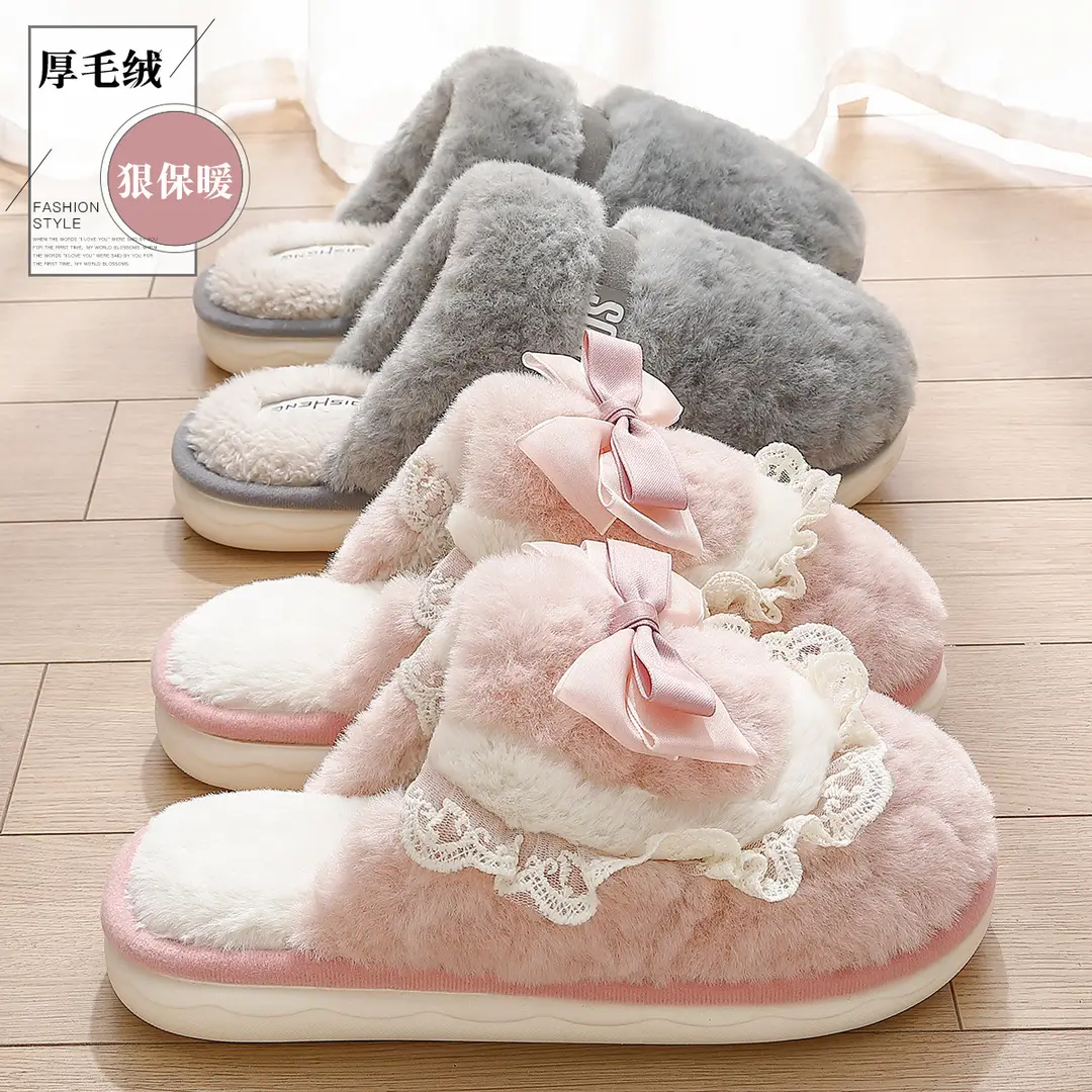 Bow Cotton Slippers for Women Couple Indoor Home Winter Warm Thick Bottom Non-slip Shit Slippers for Men Winter
