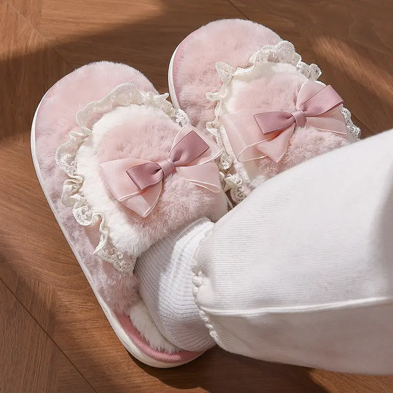 Bow Cotton Slippers for Women Couple Indoor Home Winter Warm Thick Bottom Non-slip Shit Slippers for Men Winter