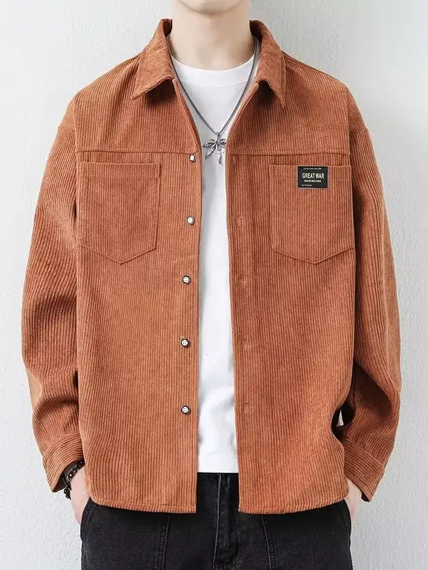 Men's Corduroy Plain Shirt Brown Long Sleeve Spring Autumn - Image 6