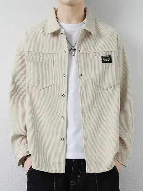 Men's Corduroy Plain Shirt Brown Long Sleeve Spring Autumn - Image 7