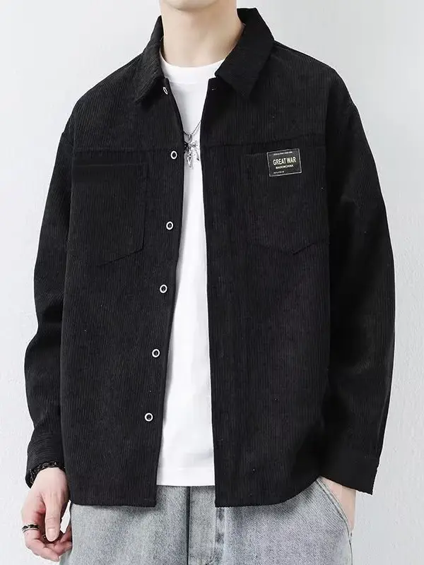 Men's Corduroy Plain Shirt Brown Long Sleeve Spring Autumn - Image 8