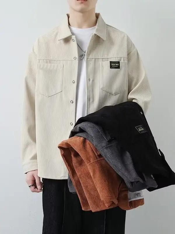Men's Corduroy Plain Shirt Brown Long Sleeve Spring Autumn - Image 9