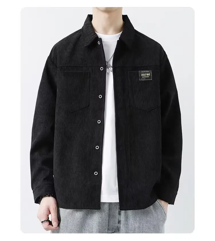 Men's Corduroy Plain Shirt Brown Long Sleeve Spring Autumn — feature 2