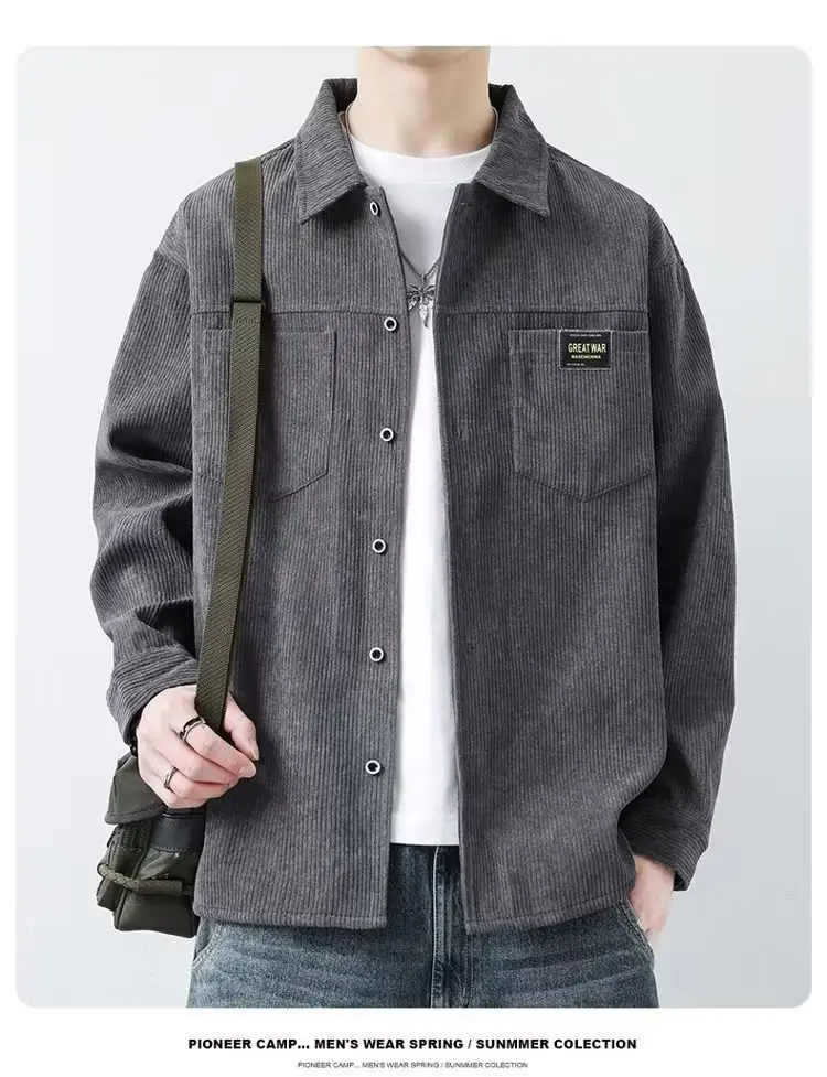 Men's Corduroy Plain Shirt Brown Long Sleeve Spring Autumn — feature 4