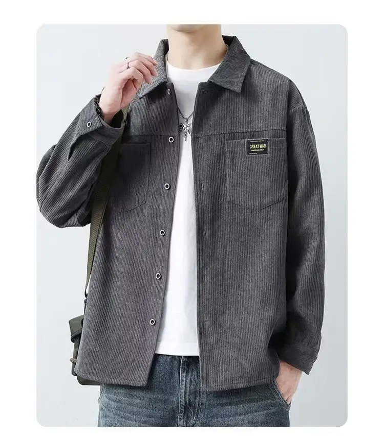 Men's Corduroy Plain Shirt Brown Long Sleeve Spring Autumn — feature 5