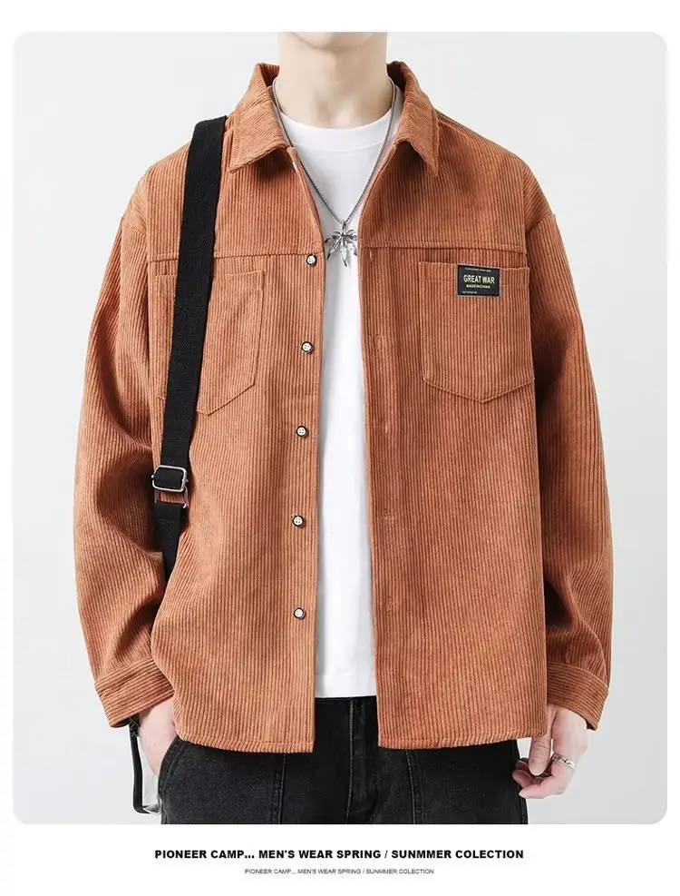 Men's Corduroy Plain Shirt Brown Long Sleeve Spring Autumn — feature 6