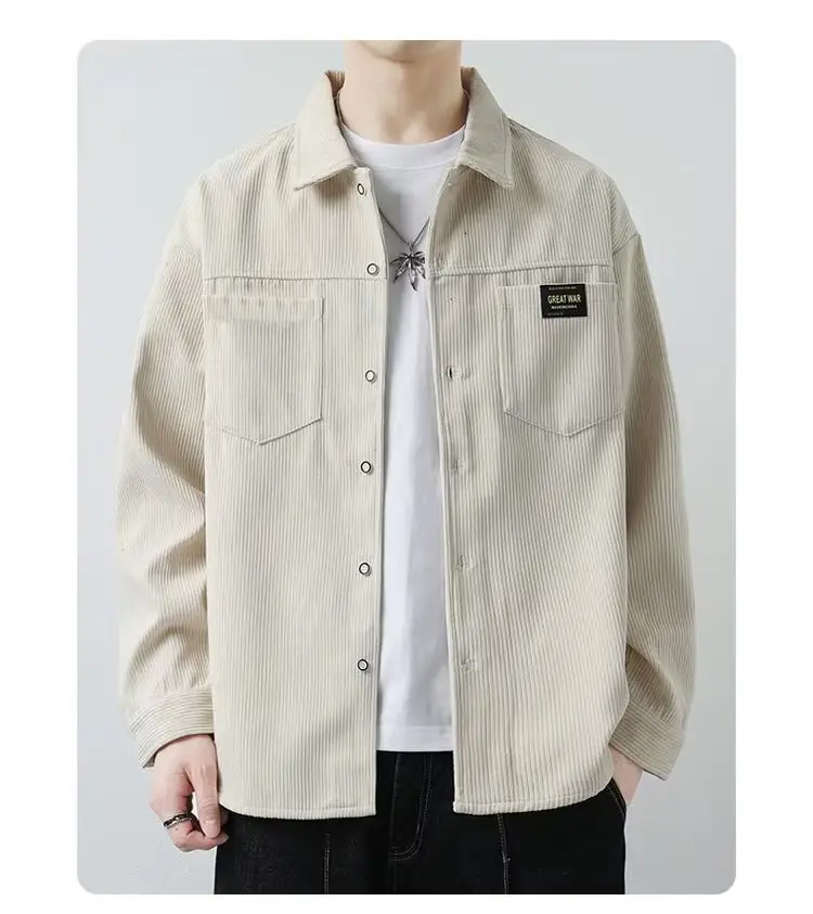 Men's Corduroy Plain Shirt Brown Long Sleeve Spring Autumn — feature 8