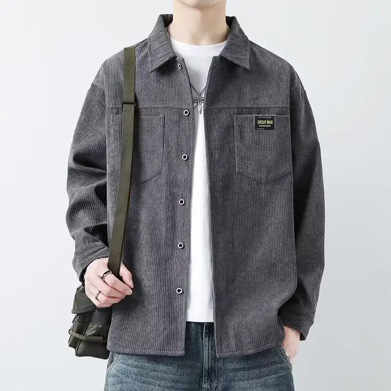 Men's Corduroy Plain Shirt Brown Long Sleeve Spring Autumn - Image 2