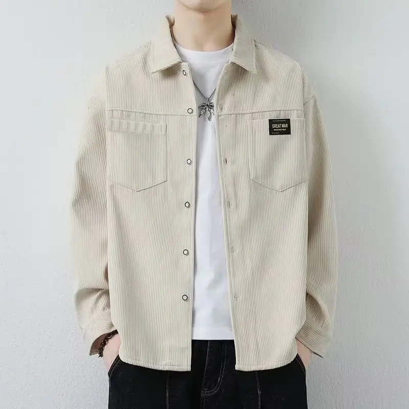 Men's Corduroy Plain Shirt Brown Long Sleeve Spring Autumn - Image 3
