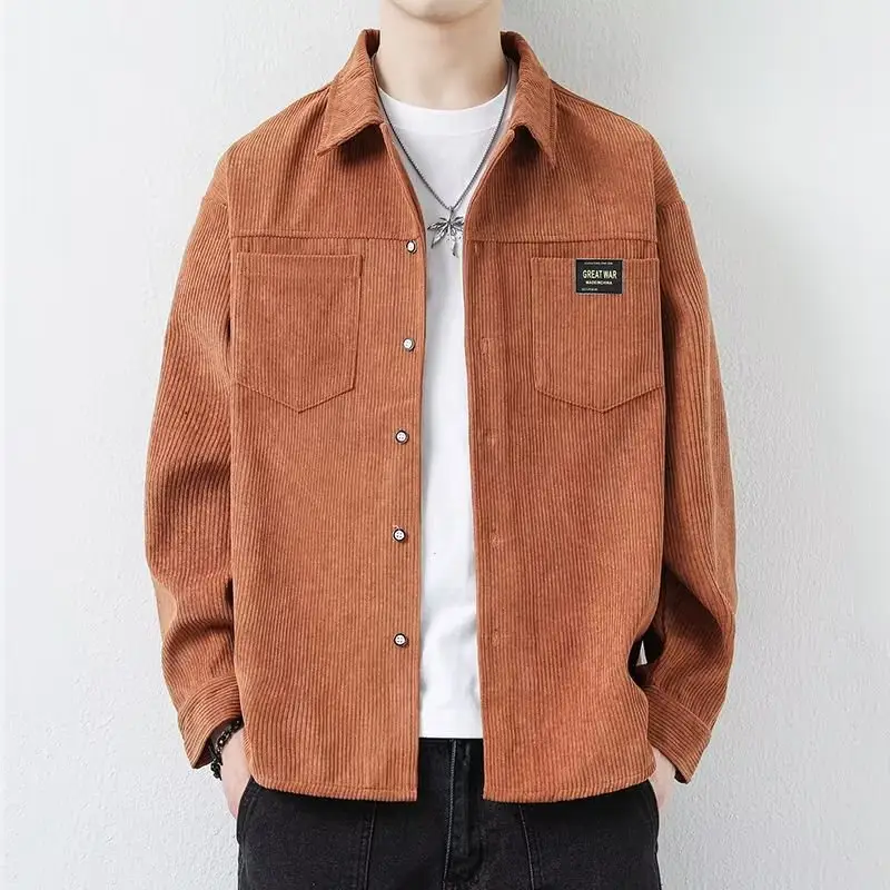 Men's Corduroy Plain Shirt Brown Long Sleeve Spring Autumn - Image 4