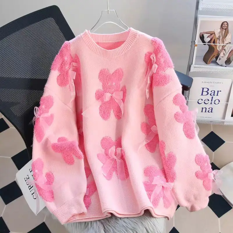 Red Knit Pullover Women's Lazy Style Round Neck Top
