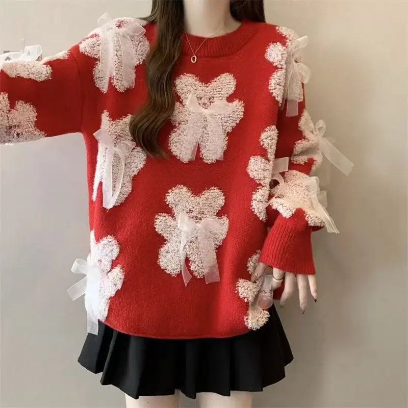 Red Knit Pullover Women's Lazy Style Round Neck Top — feature 5