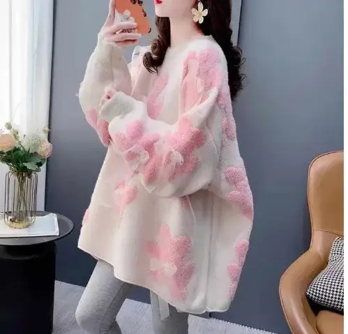 Red Knit Pullover Women's Lazy Style Round Neck Top — feature 7