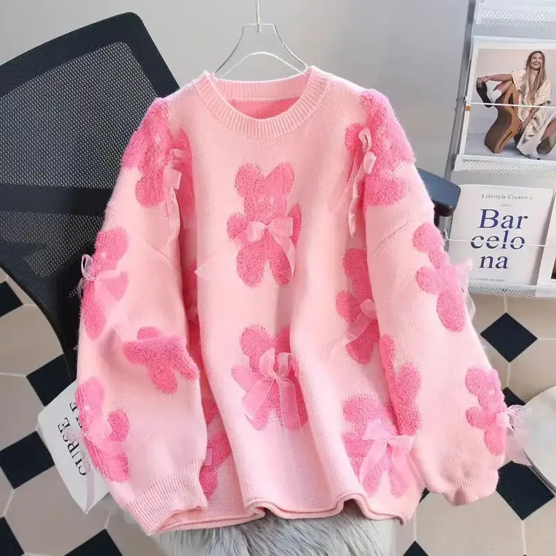 Red Knit Pullover Women's Lazy Style Round Neck Top — feature 8