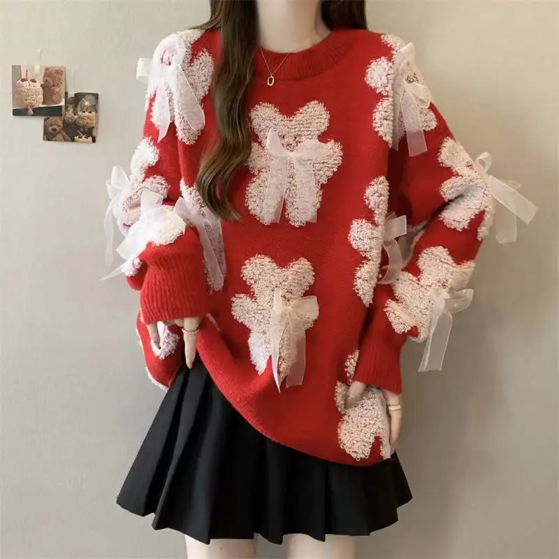 Red Knit Pullover Women's Lazy Style Round Neck Top