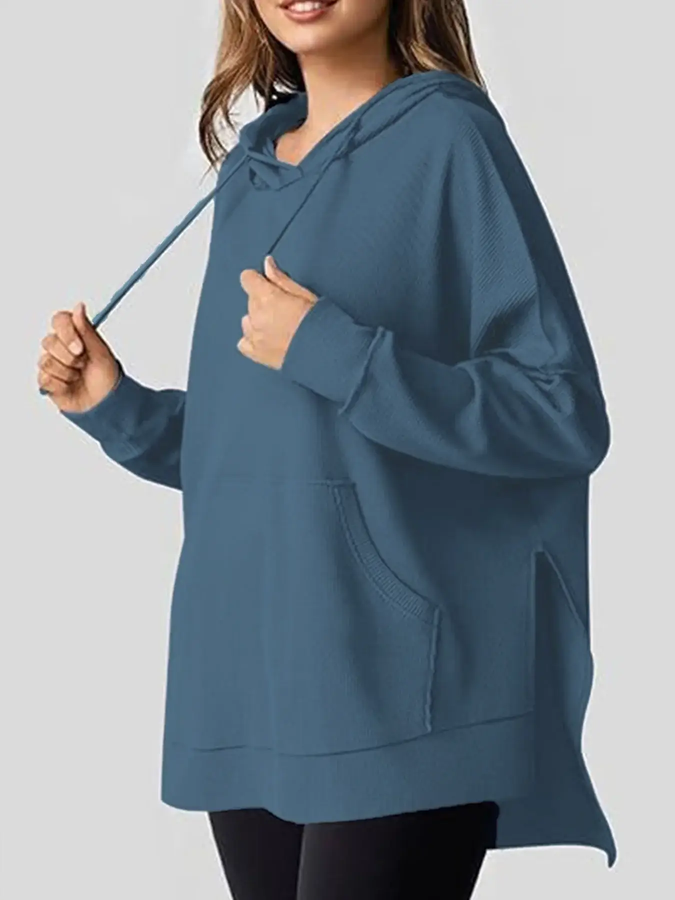2025 Women Hoodie Blue Waffle Knit Side Slit — feature 21