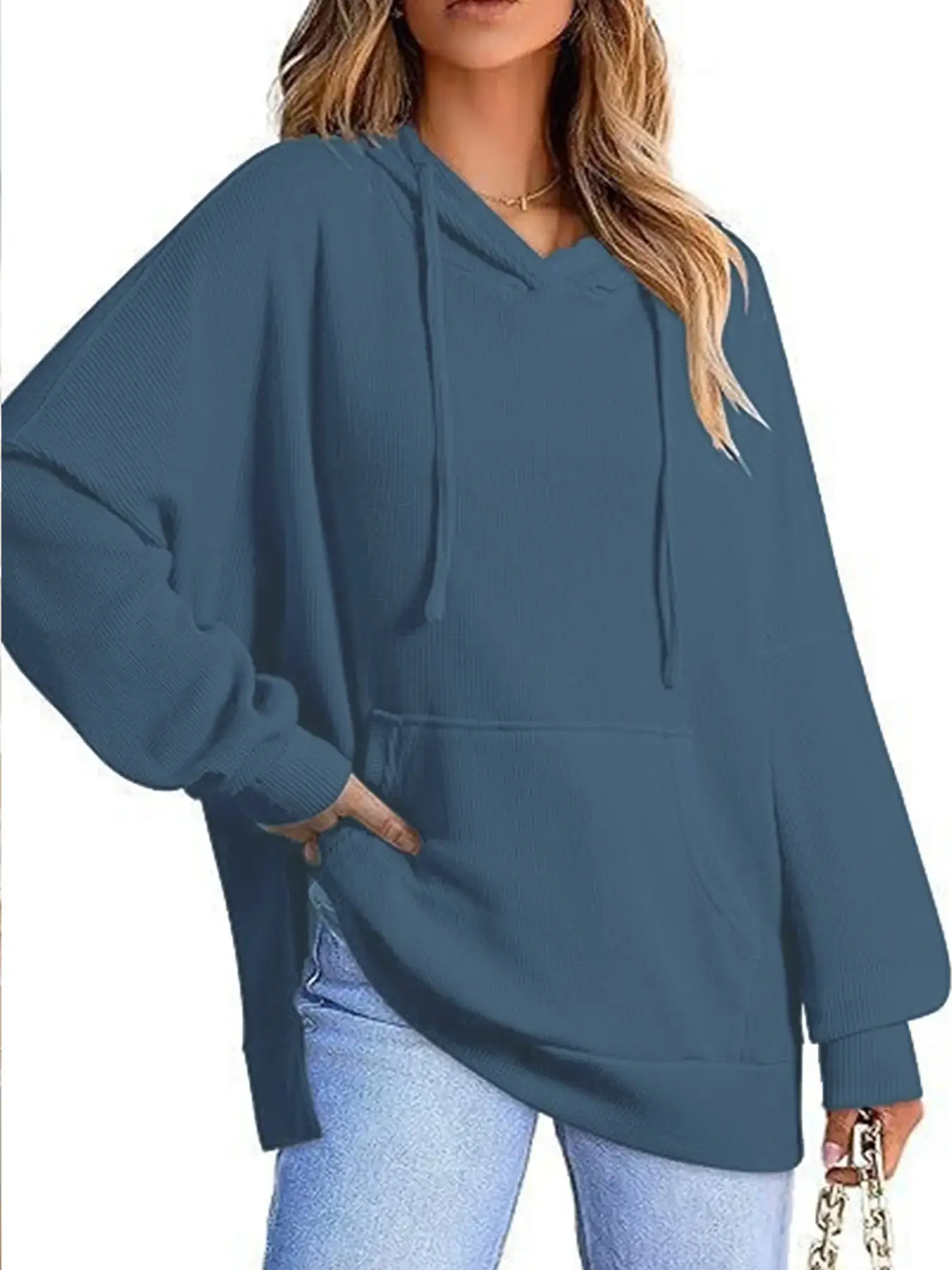 2025 Women Hoodie Blue Waffle Knit Side Slit — feature 23
