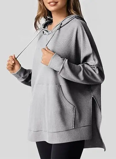 2025 Women Hoodie Blue Waffle Knit Side Slit — feature 38