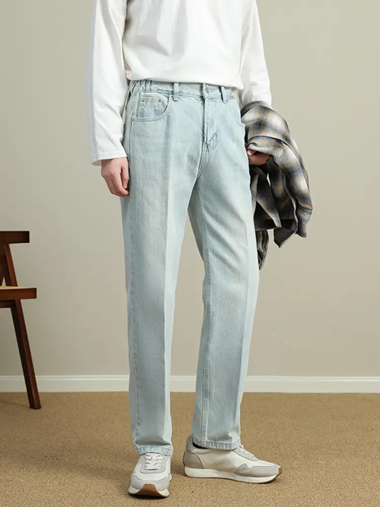 Men Light Blue Tapered Straight Jeans Korean Style 2024 - Image 5