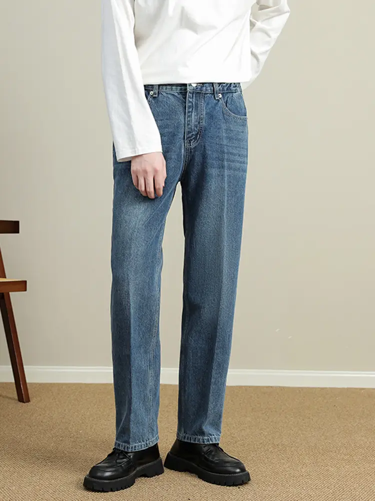 Men Light Blue Tapered Straight Jeans Korean Style 2024 - Image 6
