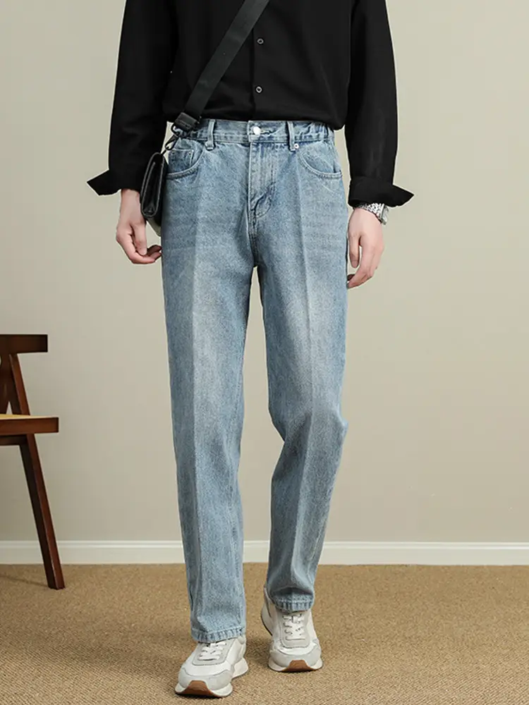 Men Light Blue Tapered Straight Jeans Korean Style 2024 - Image 8