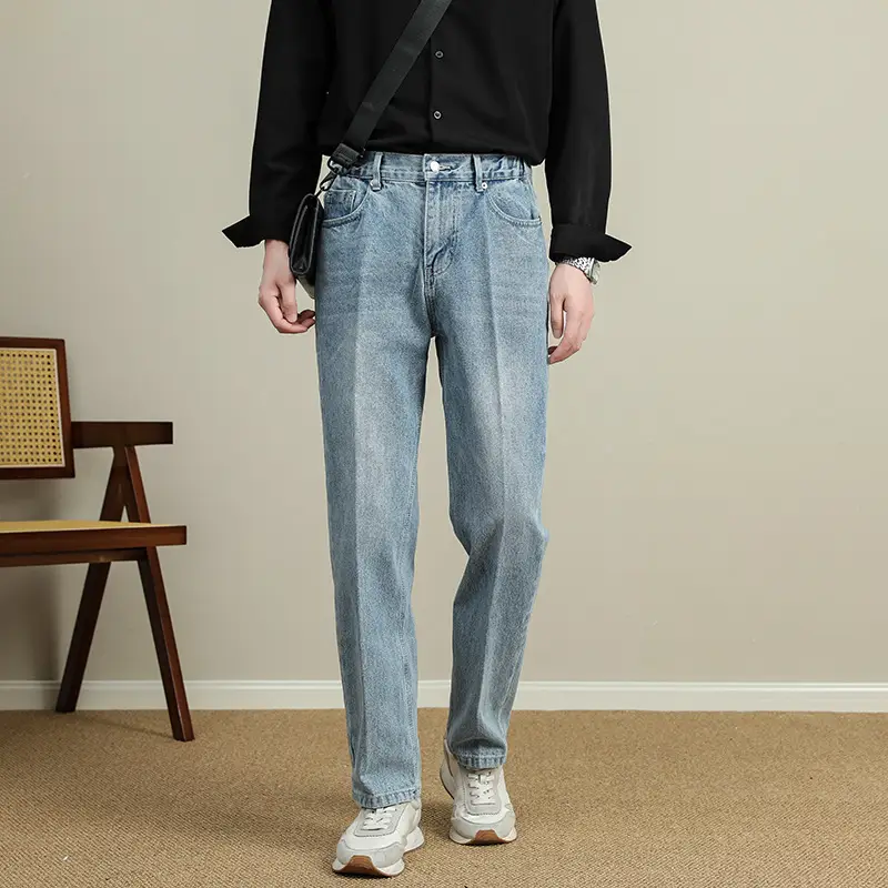 Men Light Blue Tapered Straight Jeans Korean Style 2024 — feature 3