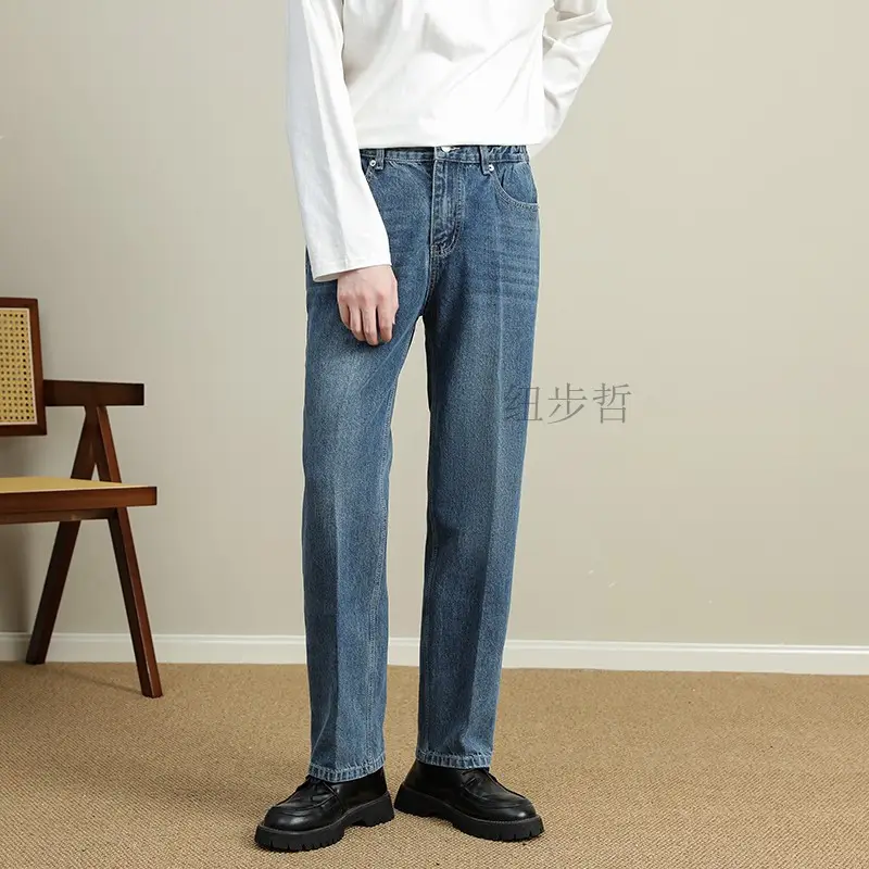 Men Light Blue Tapered Straight Jeans Korean Style 2024 — feature 4