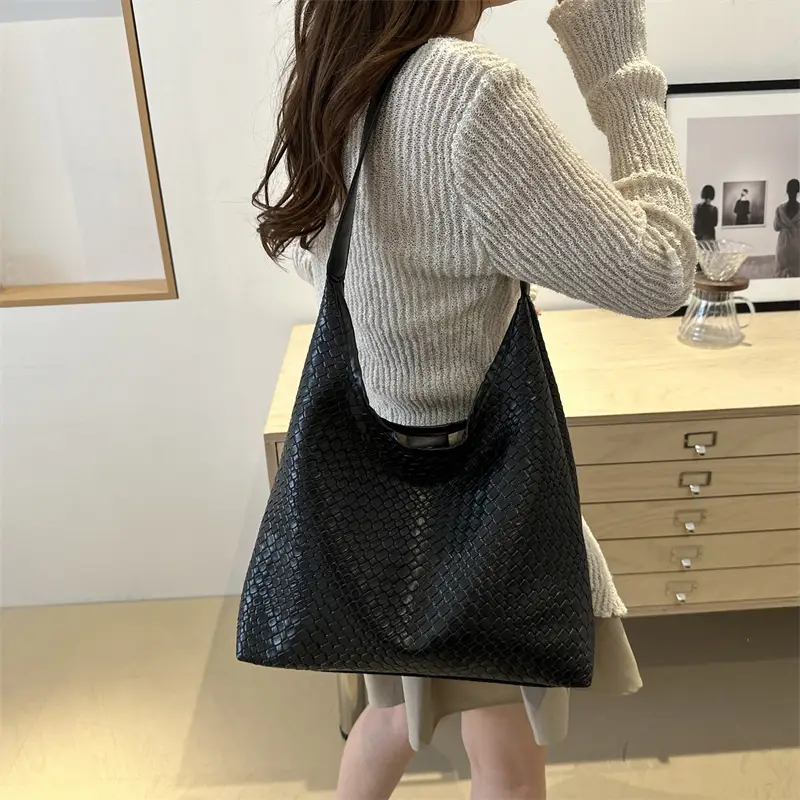 Black Woven Shoulder Tote Bag with Underarm Pocket - Image 8
