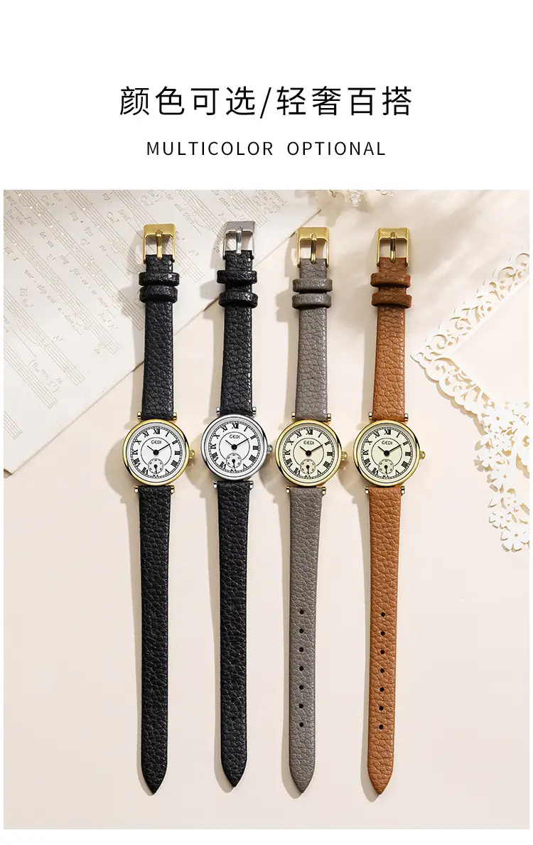 Women's Gold Quartz Watch with Black Leather Strap — feature 6