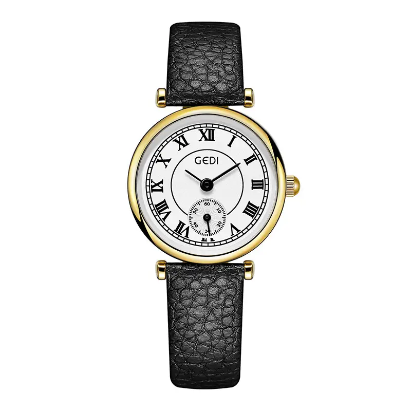 Women's Gold Quartz Watch with Black Leather Strap - Image 2