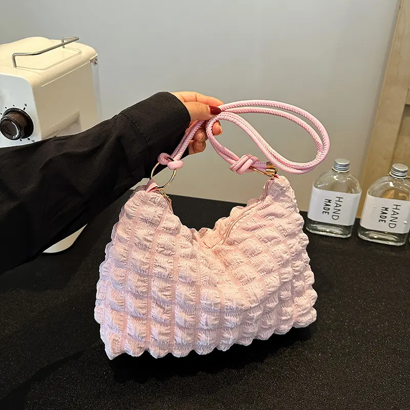 Pink Bubble Pleated Shoulder Bag for Women - Image 11