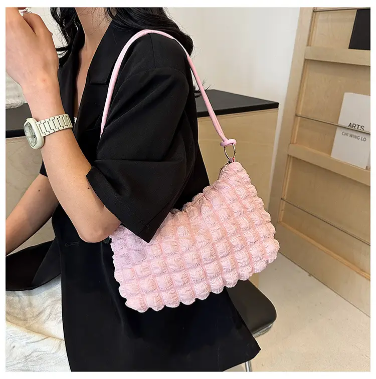 Pink Bubble Pleated Shoulder Bag for Women — feature 13
