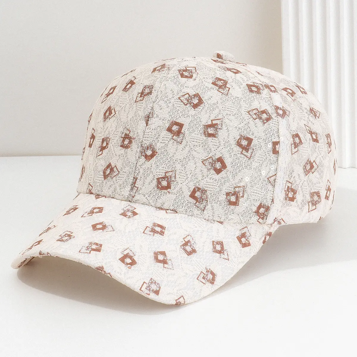 Women's White Diamond Print Baseball Cap - Image 6