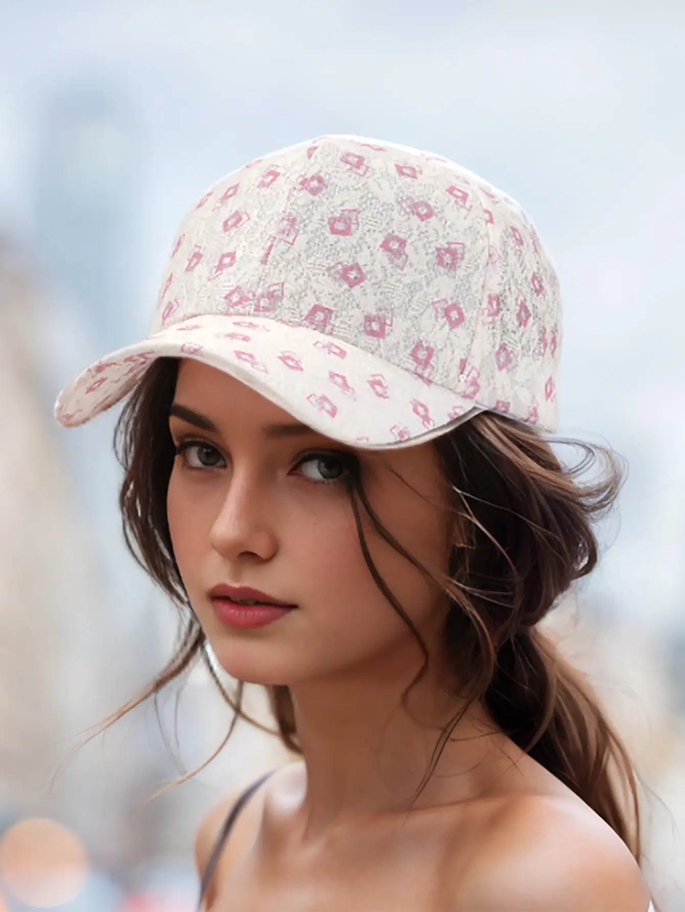 Women's White Diamond Print Baseball Cap — feature 2