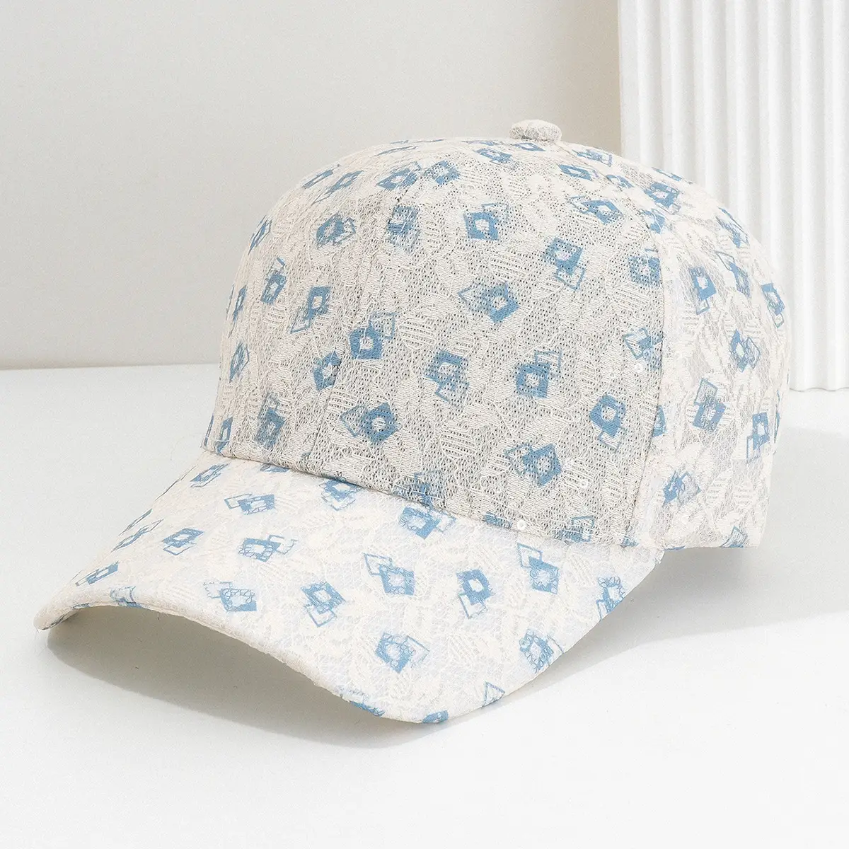 Women's White Diamond Print Baseball Cap - Image 3