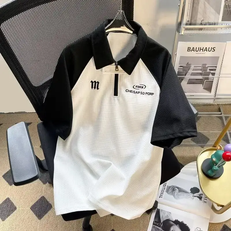 Men's Black White Polo T-Shirt Short Sleeve Half-Zipper Heavy Cotton - Image 2