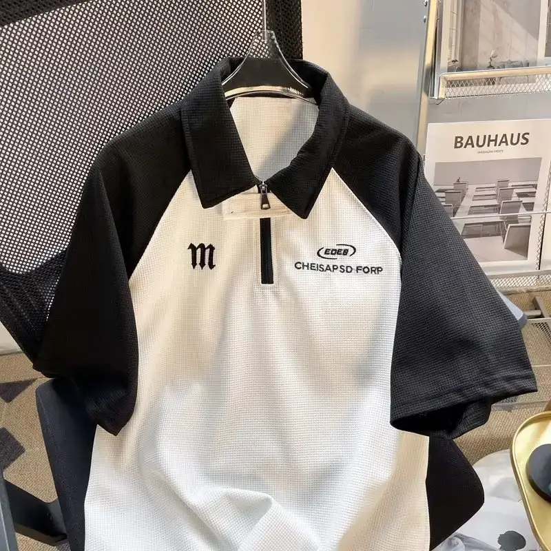 Men's Black White Polo T-Shirt Short Sleeve Half-Zipper Heavy Cotton - Image 4