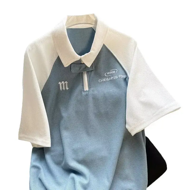 Men's Black White Polo T-Shirt Short Sleeve Half-Zipper Heavy Cotton - Image 6