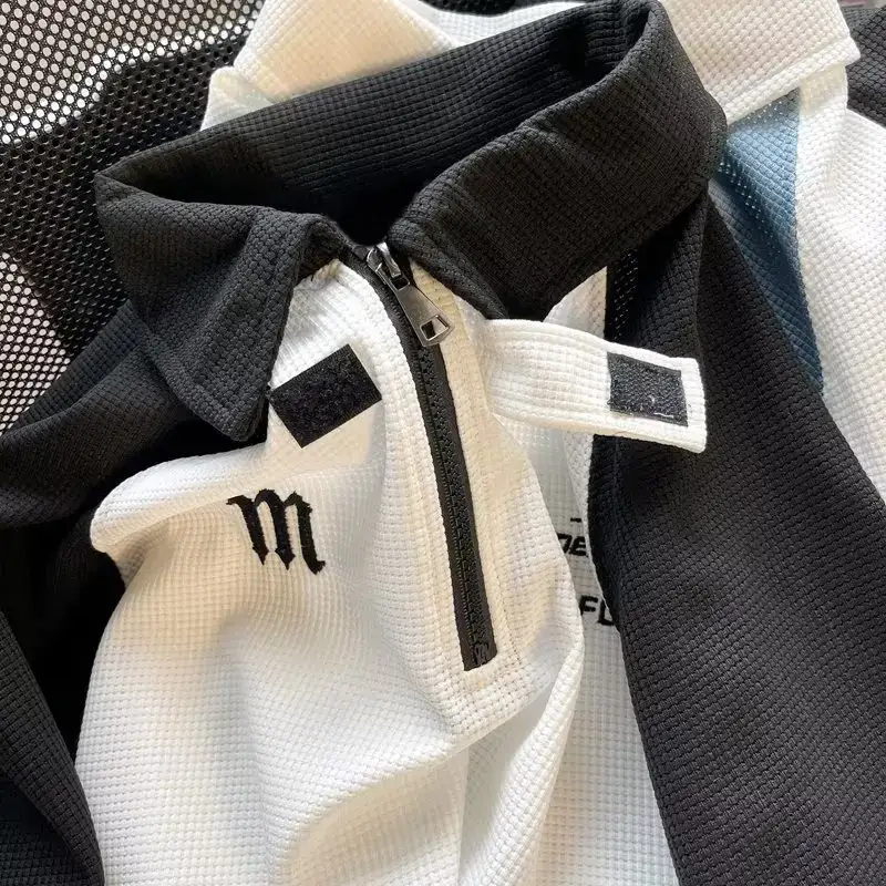 Men's Black White Polo T-Shirt Short Sleeve Half-Zipper Heavy Cotton — feature 10