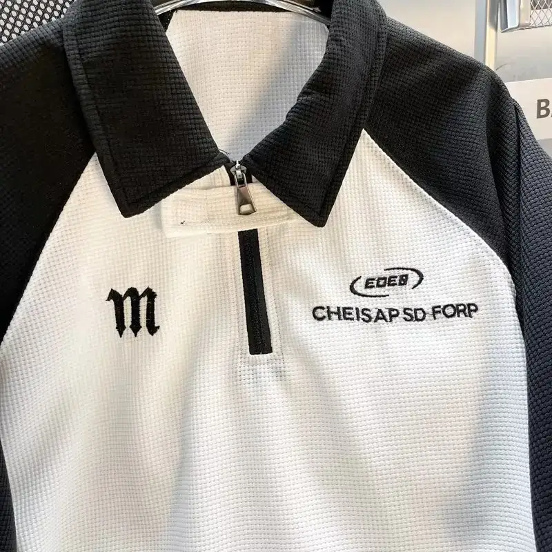 Men's Black White Polo T-Shirt Short Sleeve Half-Zipper Heavy Cotton — feature 4