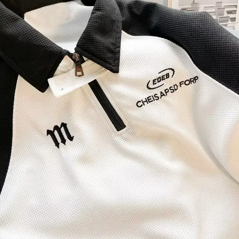 Men's Black White Polo T-Shirt Short Sleeve Half-Zipper Heavy Cotton — feature 8