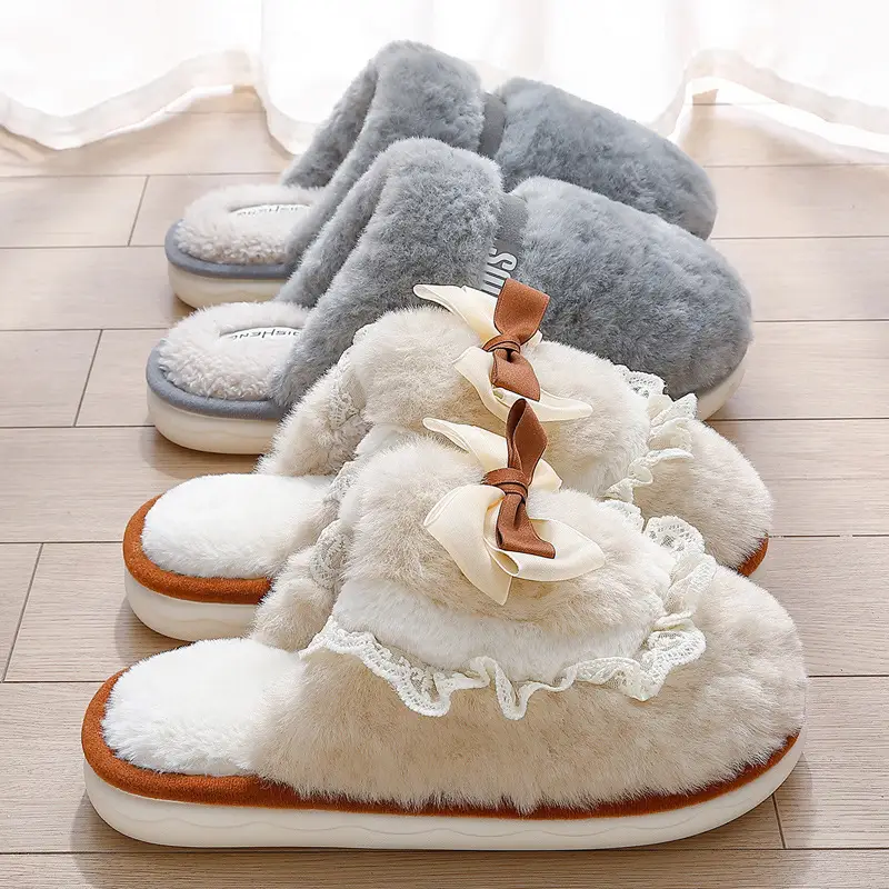 Bow Cotton Slippers for Women Indoor Home Winter Warm Confinement Shoes Thick Sole Non-Slip Plush Slippers Winter Wholesale - Image 5