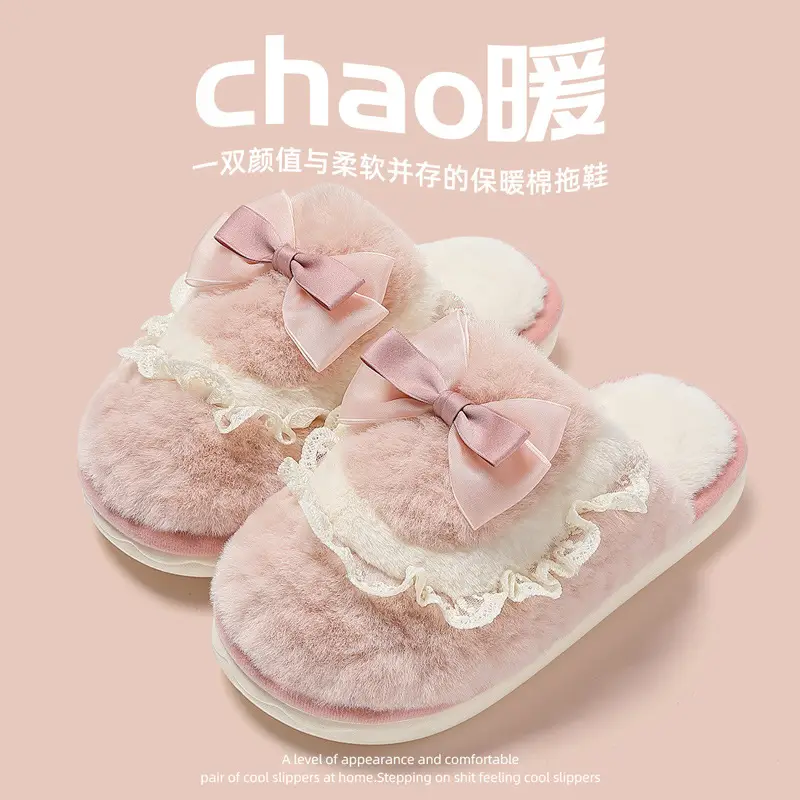 Bow Cotton Slippers for Women Indoor Home Winter Warm Confinement Shoes Thick Sole Non-Slip Plush Slippers Winter Wholesale - Image 6