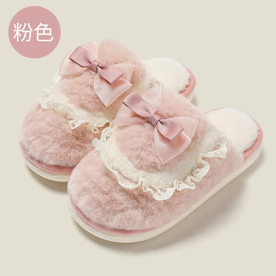 Bow Cotton Slippers for Women Indoor Home Winter Warm Confinement Shoes Thick Sole Non-Slip Plush Slippers Winter Wholesale - Image 2