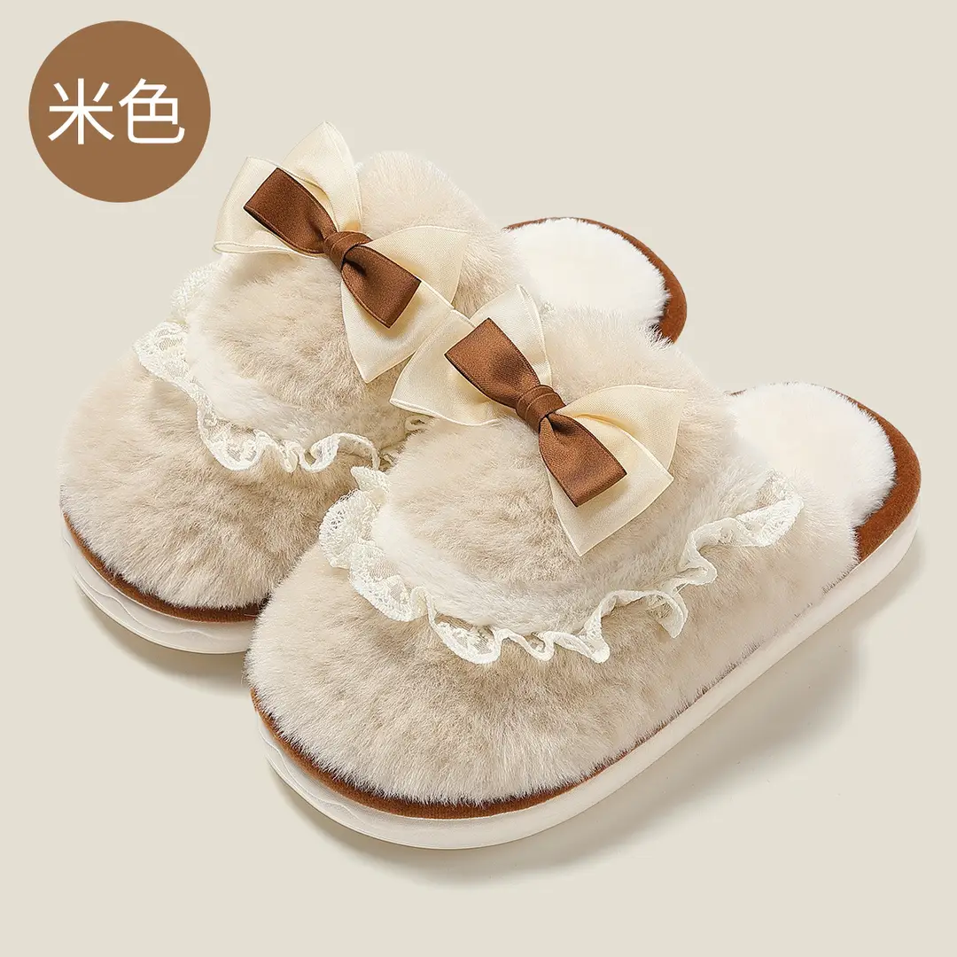 Bow Cotton Slippers for Women Indoor Home Winter Warm Confinement Shoes Thick Sole Non-Slip Plush Slippers Winter Wholesale - Image 3