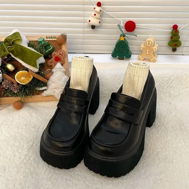 Increased Thick Bottom Small Leather Shoes Women's British Style JK Uniform Shoes 2024 New Thick Heel High Heels 8cm Loafers — feature 4